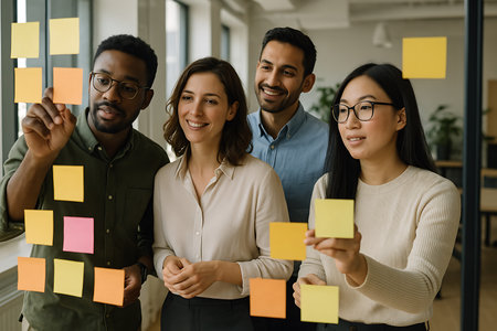 A diverse group of four business professionals is actively collaborating and brainstorming ideas, placing colorful sticky notes on a glass board in a modern office environment. They are engaged in creative problem-solving and project planning, symbolizing teamwork and innovation.の素材