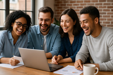 A diverse group of four young professionals, two men and two women, share a moment of genuine laughter and joy while gathered around a laptop on a wooden desk. They appear to be enjoying online content or a shared experience during a casual work meeting or collaborative session, emphasizing positive teamwork and camaraderie in a modern office or co-working space.の素材