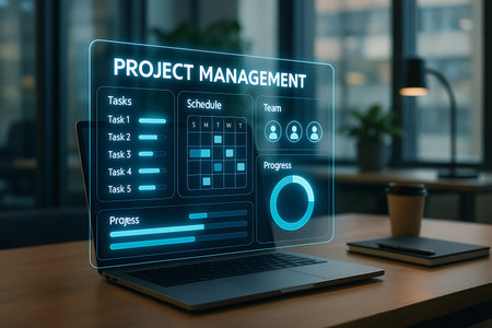 A modern laptop displays a glowing, holographic project management interface with tasks, schedule, team, and progress visuals, set on a wooden desk in a blurred office environment. This cutting-edge visualization represents efficient business planning, data analysis, and workflow optimization through advanced digital technology.の素材