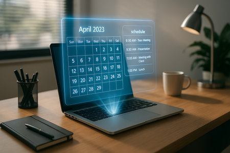 A close-up view of a modern laptop displaying a glowing, holographic calendar for April 2023 and a detailed daily schedule, showcasing future technology in a business or personal workspace. The desk features office essentials like a notebook, pen, coffee mug, and desk lamp, emphasizing organization and productivity.の素材