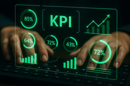 A close-up view of hands typing on a laptop keyboard, overlaid with a glowing green holographic digital interface displaying Key Performance Indicators (KPIs). The futuristic screen shows various data visualizations, including percentage dials (85%, 64%, 72%, 43%), bar charts, and a line graph with an upward trend, symbolizing business growth, performance monitoring, and data-driven strategy in a modern, innovative environment.の素材