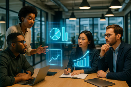 A diverse group of business professionals are gathered around a conference table in a modern office, actively analyzing interactive holographic data visualizations. An African American woman stands and presents to her colleagues, pointing towards glowing charts and graphs. An Asian woman takes notes while a Caucasian man listens thoughtfully, all engaging with digital projections illustrating business growth, analytics, and trends. The scene emphasizes teamwork, innovation, and strategic decision-making in a contemporary corporate environment.の素材