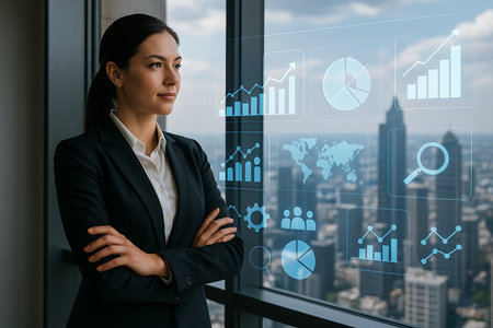 A confident businesswoman, arms crossed, stands in a contemporary office building, looking at a city skyline through a window overlaid with holographic business data, charts, and graphs. This image represents advanced analytics, strategic planning, digital transformation, and the future of business intelligence in a global corporate environment.の素材