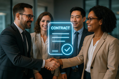 A diverse group of smiling business professionals, with a man and woman shaking hands in the foreground, signifying a successful agreement or partnership. A glowing blue digital contract document with a checkmark is overlaid, representing a completed deal, legal agreement, or signed contract. The scene conveys trust, collaboration, and achievement in a modern corporate setting.の素材