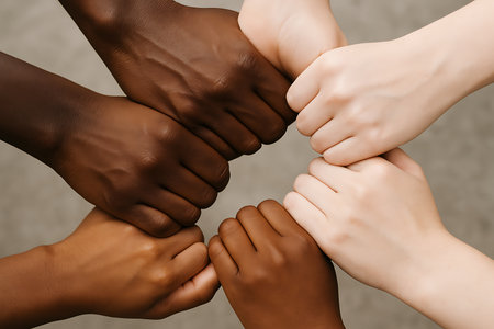 A top-down, close-up view of multiple hands with diverse skin tones clasped together in a circular formation. This powerful image symbolizes unity, diversity, inclusion, cooperation, and global connection among people of different races and backgrounds, promoting messages of peace and solidarity.の素材
