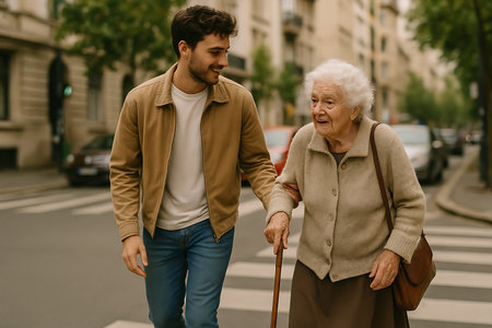 A kind young man with a warm smile is seen gently assisting an elderly woman with a walking stick as they cross a bustling city street at a pedestrian crossing. The woman, also smiling, leans on his arm for support, highlighting a moment of intergenerational care, compassion, and community spirit in an urban setting.の素材