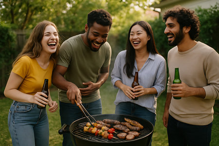 A group of happy, diverse young friends enjoying a vibrant backyard barbecue. One man is seen grilling skewers and meat on the BBQ, while the others hold beer bottles and laugh heartily, sharing a moment of pure joy and togetherness in a sunny outdoor setting.の素材