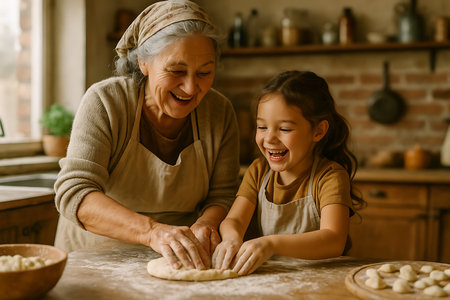 A heartwarming scene featuring a joyful grandmother and her young granddaughter happily kneading dough on a wooden table in a cozy, rustic kitchen. Both are wearing aprons and smiling widely, sharing a precious moment of intergenerational bonding and traditional home baking. The image evokes feelings of family love, learning, and domestic happiness.の素材