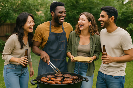 A joyful group of multiracial friends laughing and having fun at a backyard barbecue. One man is actively grilling sausages and burgers on a charcoal grill, while his friends socialize, holding drinks and a plate, creating a vibrant scene of summer togetherness and outdoor celebration.の素材