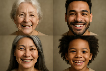 A collage of four close-up portraits featuring diverse individuals smiling broadly. The image showcases an elderly white woman, a young adult Black man, an elderly East Asian woman, and a young Black child, all exuding genuine joy and happiness against a neutral background. This collection emphasizes human connection, diversity across generations and ethnicities, and positive emotions.の素材