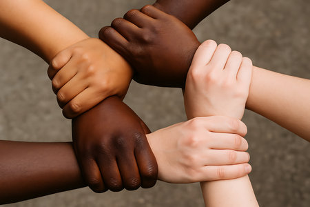 A powerful close-up shot of four hands with varying skin tones interlocked, creating a symbol of unity, diversity, teamwork, and global connection. This image represents harmony, inclusion, equality, and the strength found in solidarity among different people and races.の素材