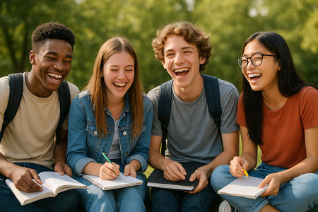 A vibrant group of diverse college students are captured in a joyful moment outdoors, laughing and smiling while engaging in study. They are sitting together with notebooks and pens, embodying friendship, collaboration, and a positive learning experience in a natural, green setting.の素材