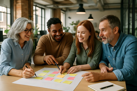 A cheerful and diverse group of four business professionals, including men and women of varying ages and ethnicities, are happily collaborating around a table in a modern office. They are actively engaged in a brainstorming or project planning session, using colorful sticky notes on a large sheet of paper to visualize ideas and tasks. The atmosphere is positive, productive, and focused on teamwork and innovation.の素材
