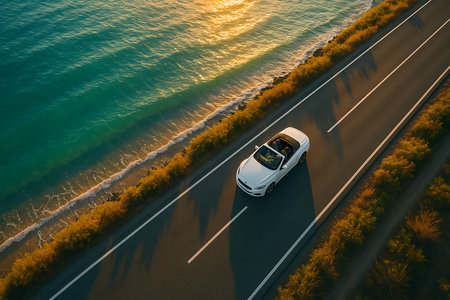 An idyllic aerial view captures a white convertible car driving along a scenic coastal highway during the golden hour. The tranquil turquoise ocean sparkles with reflections of the warm sun, while lush golden-hued vegetation lines the road, evoking a sense of freedom, adventure, and luxury travel.の素材