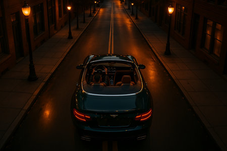 An aerial, high-angle view captures a sleek, dark green luxury convertible with a driver, traveling along a wet, empty city street at night. Warm, golden light from numerous vintage-style street lamps illuminates the asphalt, creating dramatic reflections and a sophisticated urban atmosphere.の素材