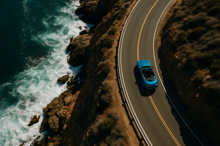 An breathtaking aerial perspective captures a vibrant blue convertible car cruising along a winding coastal highway. The road hugs a rugged shoreline where deep blue ocean waves crash against rocky cliffs, creating a dramatic and picturesque landscape perfect for a summer road trip or adventure travel.の素材