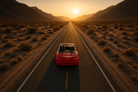 A sleek, red convertible sports car drives down a long, straight desert highway towards a vibrant golden sunset. Majestic mountains frame the arid landscape, evoking a sense of adventure, freedom, and an epic road trip at dusk.の素材