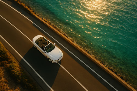 An exquisite aerial perspective captures a sleek white convertible car gracefully navigating a scenic coastal road. The golden hour sunlight casts a warm glow, shimmering beautifully on the turquoise-emerald waters of the ocean beside the road, creating a picturesque and serene travel scene.の素材