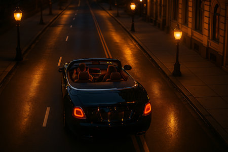 High-angle shot of a sleek black luxury convertible car with two people, driving down a reflective wet city street at night. The scene is illuminated by warm, glowing vintage streetlights and the car&#39;s taillights, creating an atmospheric and elegant urban evening.の素材
