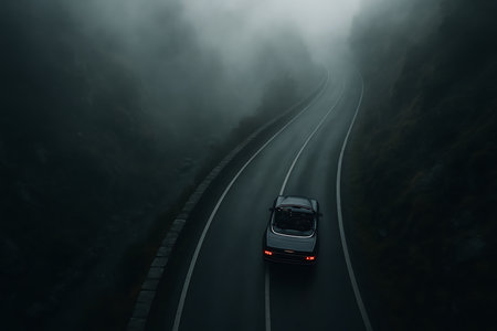 An atmospheric high-angle view of a sleek convertible car driving along a winding mountain road enveloped in dense, mysterious fog. The moody, dark tones and desolate landscape evoke a sense of adventure, isolation, and a journey into the unknown.の素材
