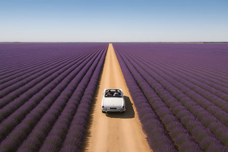 An aerial view captures a classic white convertible car driving along a straight dirt road, flanked by endless rows of blossoming purple lavender fields under a clear blue sky, embodying summer travel and scenic freedom.の素材