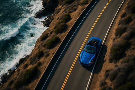 An exhilarating aerial view captures a vibrant blue convertible sports car driving along a winding coastal highway, perfectly complementing the dramatic turquoise waves crashing against the rugged cliffs below. The high-angle perspective emphasizes the beauty of the journey and the stunning natural landscape.の素材