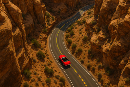 An aerial view captures a vibrant red car navigating a scenic, winding road that cuts through a majestic desert canyon. The road, marked with distinct yellow double lines and white solid lines, stands out against the rugged, orange-brown rock formations and sparse green desert brush. This captivating shot evokes a sense of freedom, adventure, and the vast beauty of an arid landscape.の素材
