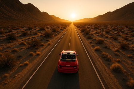 A vibrant red convertible drives down a seemingly endless straight road through a vast, arid desert landscape, bathed in the warm, golden light of sunset. Majestic mountains silhouette in the distance, creating a breathtaking scene of adventure and freedom on the open road.の素材