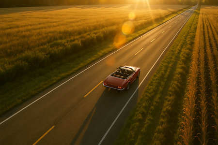 An aerial view captures a vintage red convertible car driving on a long, straight country road, bordered by sun-drenched golden fields, during a breathtaking sunset or sunrise. The warm light creates beautiful lens flares and long shadows, evoking a sense of freedom, adventure, and nostalgic road travel.の素材