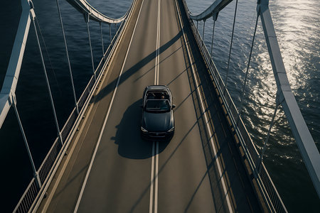 An aerial, high-angle shot captures a sleek black convertible car traversing a grand modern suspension bridge over shimmering dark blue water. Long shadows stretch across the asphalt road from the bridge structure and the vehicle, illuminated by the golden hour sunlight reflecting off the water. This top-down perspective emphasizes the journey, freedom, and impressive engineering of the infrastructure.の素材