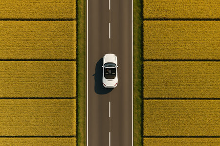 An idyllic top-down aerial view captures a sleek white convertible car traveling along a straight asphalt road, flanked on both sides by vast, golden agricultural fields. The symmetrical composition emphasizes the rich texture of the ready-to-harvest crops and the clear path ahead, symbolizing themes of journey, freedom, growth, and the beauty of rural landscapes from an elevated perspective.の素材