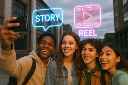 A group of happy, diverse teenage friends taking a cheerful selfie together on a smartphone outdoors in an urban setting. Above them, vibrant neon graphic overlays display &#39;STORY&#39; and &#39;REEL,&#39; highlighting their engagement with modern social media platforms and digital content creation. This image captures the essence of youth culture, technology, and friendship.の素材