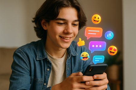 A happy and smiling young man is engrossed in his smartphone, with vibrant, glowing 3D social media emojis like a happy face, laughing face, heart eyes, thumbs-up, and colorful chat bubbles digitally overlaid, illustrating active online communication and interaction. This image captures the essence of youth engagement with digital technology and social networks, symbolizing connection and modern digital life.の素材