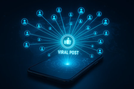 A glowing 'VIRAL POST' text and a prominent thumbs-up icon emanate from a smartphone screen, surrounded by numerous user profile icons connected by radiating blue lines on a dark, abstract background. This visually represents the concept of content going viral on social media, widespread online engagement, mobile marketing strategies, instant digital notifications, and global reach in a technological context.の素材