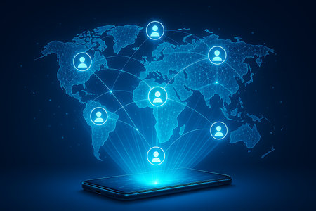 A futuristic conceptual image depicting global communication and social networking. A digital world map in blue with glowing user icons interconnected by light lines is shown above a smartphone, which emits a bright light and connects to the worldwide network. This visualizes international mobile communication, data exchange, and the pervasive nature of social media and global digital communities in the modern era.の素材
