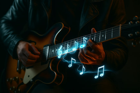 A close-up shot of a person&#39;s hands skillfully playing an electric guitar, featuring vibrant, glowing blue musical notes that stream dynamically from the fretboard. The dark, atmospheric background and the subtle details of a leather jacket create an energetic and modern musical concept, ideal for themes of live performance, digital sound, or creative expression.の素材