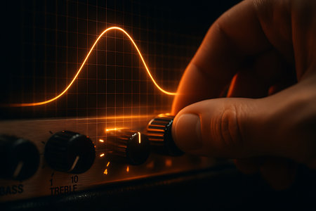Close-up of a hand turning the treble knob on an audio amplifier or mixing console. A vibrant orange glowing sound wave or equalizer curve is displayed on a grid in the background, symbolizing sound optimization, music production, and audio engineering.の素材