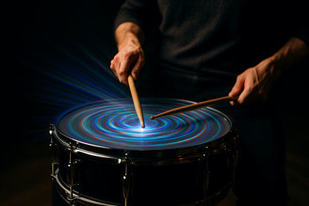 An artistic close-up of a drummer's hands striking a snare drum, featuring captivating vibrant, colorful light trails spiraling on the drumhead. This abstract visual represents the energy, rhythm, and sound of music in motion against a dark background, creating a dynamic and modern performance aesthetic.の素材