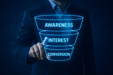 A businessman&#39;s hand touches a glowing digital sales funnel on a virtual screen, illustrating the stages of Awareness, Interest, and Conversion. This concept represents modern digital marketing strategies, customer journey mapping, and lead generation processes aimed at optimizing business growth and sales performance.の素材