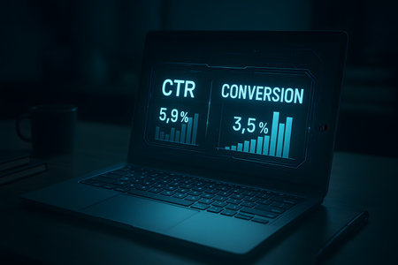 A laptop displays key digital marketing metrics, including Click-Through Rate (CTR) and Conversion Rate, represented by glowing blue bar graphs. This image captures the essence of online business performance tracking, data analysis, and strategic optimization in a dark, tech-focused environment.の素材