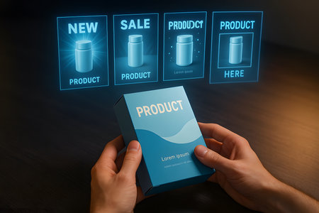 A close-up of hands holding a generic blue product box, with a futuristic holographic interface displaying multiple product options in the background. The glowing digital screen shows different product containers with labels like &quot;NEW,&quot; &quot;SALE,&quot; and &quot;PRODUCT,&quot; symbolizing online shopping, digital retail, and the modern consumer experience. This image represents the intersection of physical and virtual commerce.の素材