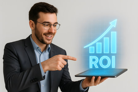 A smiling young businessman in a dark suit and light blue shirt holds a digital tablet, pointing at a glowing holographic projection of a bar chart with an upward arrow and the letters &quot;ROI&quot; (Return on Investment). This conceptual image represents financial growth, business success, strategic planning, and the effective use of modern technology for data visualization and performance tracking. Ideal for themes related to finance, investment, marketing, and corporate strategy.の素材