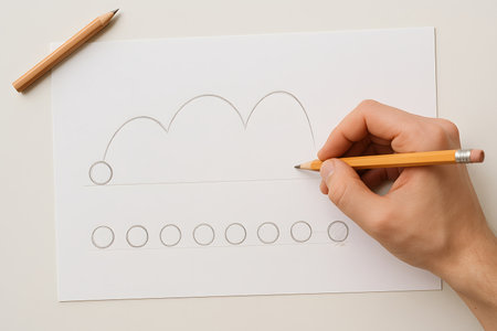 A top-down view of a human hand holding a yellow graphite pencil, actively drawing a series of interconnected arcs above a baseline on a white sheet of paper. Below this, a row of empty circles depicts a progression or animation sequence. The image captures the creative process, planning, or illustrating dynamic movement, with another pencil lying on the table in the background. Ideal for themes of art, design, education, or visual storytelling.の素材
