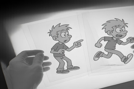 A close-up, monochrome shot of an artist&#39;s hand holding two hand-drawn frames of a cartoon boy on a light box, illustrating the traditional animation process. The sketches show the character in different poses: one pointing and another running, highlighting the creation of sequential movement.の素材