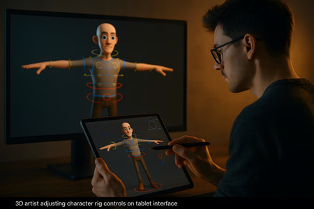A focused 3D artist uses a digital tablet with a stylus to adjust the intricate rigging controls of a stylized cartoon character model, with the animated figure simultaneously displayed on a larger computer monitor in the background. This image captures the technical and creative process of character animation, digital design, and game development, showcasing a modern workflow in a dimly lit studio environment.の素材