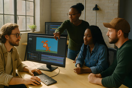 A diverse group of creative professionals, including men and women of different ethnicities, collaborates in a modern studio environment. They are gathered around a computer monitor, intently discussing and reviewing an animated cartoon dog character displayed on screen, alongside a video editing timeline. The scene emphasizes teamwork, digital content creation, and the development process of animation.の素材