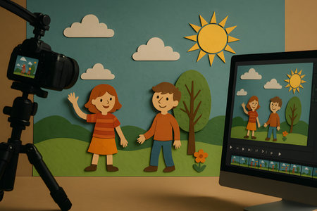 A vibrant scene showcasing the process of creating stop motion animation. A digital camera on a tripod is actively filming a charming, handcrafted set featuring paper cutout figures of a boy and a girl, positioned in a whimsical landscape with rolling hills, a tree, fluffy clouds, and a bright sun. On the right, a computer monitor displays video editing software, with the animated sequence visible in a timeline, demonstrating the complete workflow from filming to post-production. This image represents imagination, storytelling, and the art of DIY filmmaking.の素材