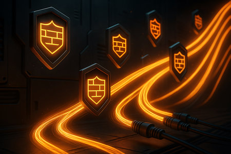 A futuristic digital security concept depicting multiple glowing firewall shield icons protecting dynamic orange light trails, symbolizing data streams or network traffic, emerging from connected cables. This image emphasizes secure data transfer, cyber defense, and advanced network protection in a dark, high-tech environment.の素材