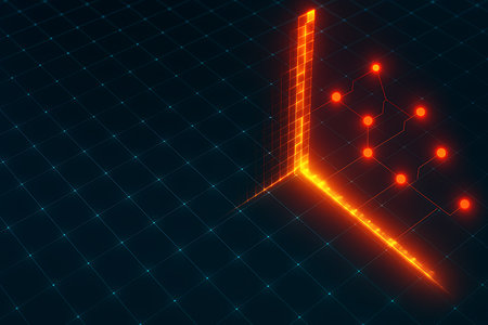 An abstract digital background featuring a dark grid pattern illuminated by glowing blue dots, with a dynamic orange and red data stream forming a path and connecting glowing network nodes. This image represents concepts of technology, data transfer, cybersecurity, and digital networks, symbolizing modern computing, AI, or advanced digital infrastructure.の素材