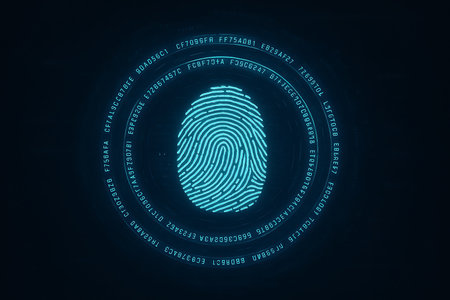An abstract, futuristic representation of a glowing blue fingerprint at the center, surrounded by a circular interface of alphanumeric code on a dark background. This image symbolizes advanced biometric security, digital identity verification, data protection, and secure access in the realm of modern technology and cybersecurity.の素材